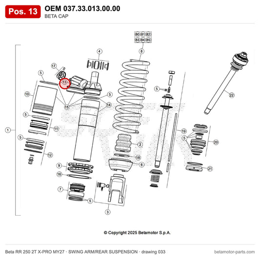 BETA CAP – OEM 037.33.013.00.00, position 13 on the Beta RR 250 2T X-PRO MY27 swing arm/rear suspension drawing