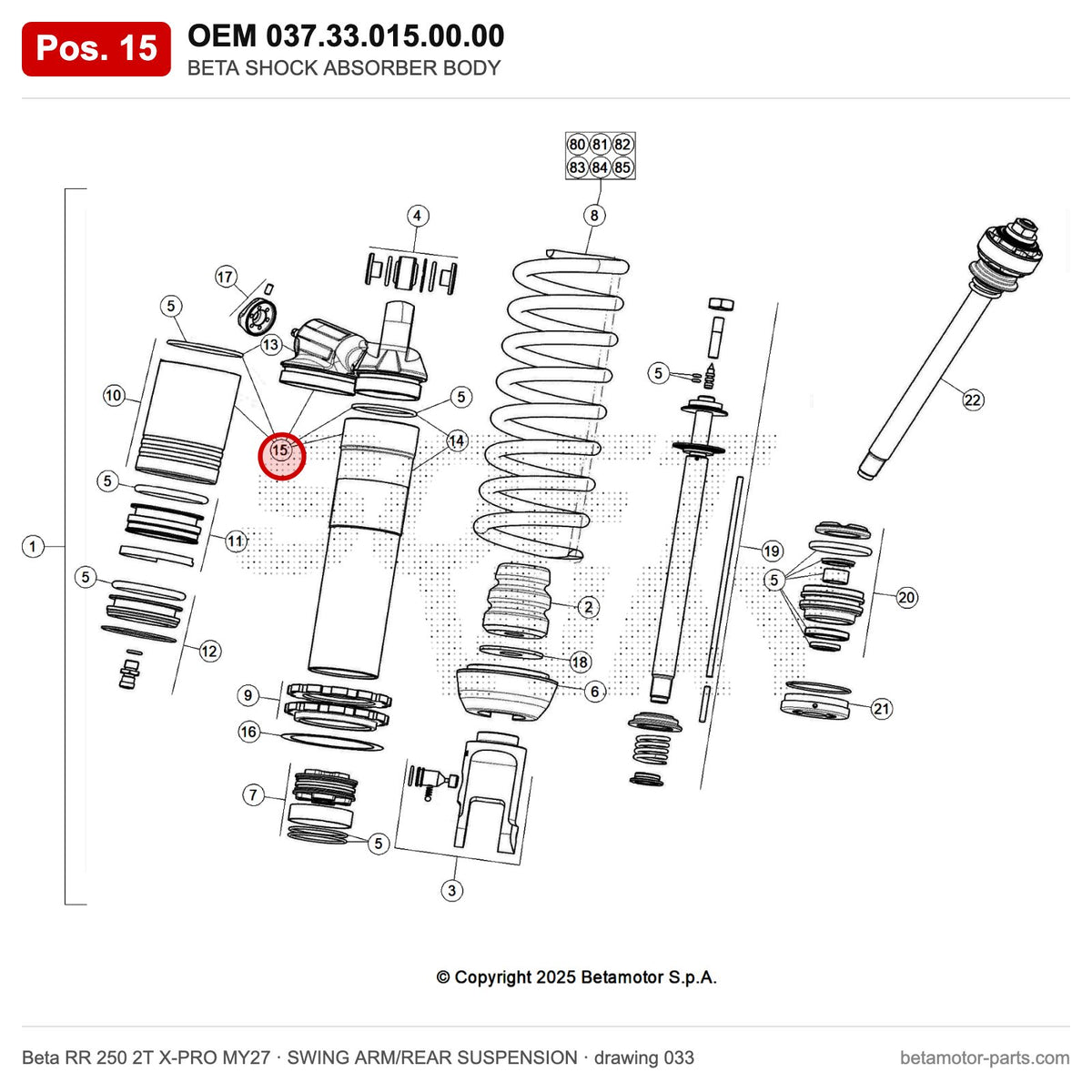 BETA SHOCK ABSORBER BODY – OEM 037.33.015.00.00, position 15 on the Beta RR 250 2T X-PRO MY27 swing arm/rear suspension drawing