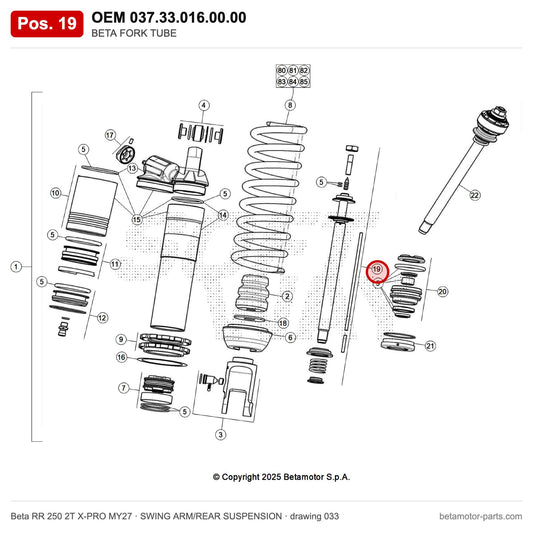 BETA FORK TUBE – OEM 037.33.016.00.00, position 19 on the Beta RR 250 2T X-PRO MY27 swing arm/rear suspension drawing