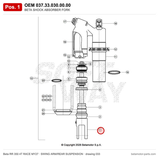 BETA SHOCK ABSORBER FORK – OEM 037.33.030.00.00, position 1 on the Beta RR 350 4T RACE MY27 swing arm/rear suspension drawing