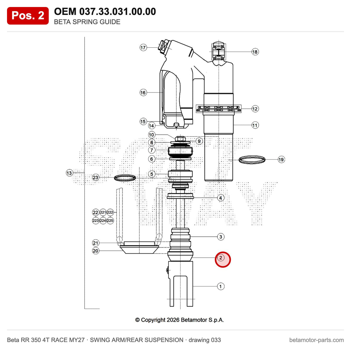BETA SPRING GUIDE – OEM 037.33.031.00.00, position 2 on the Beta RR 350 4T RACE MY27 swing arm/rear suspension drawing