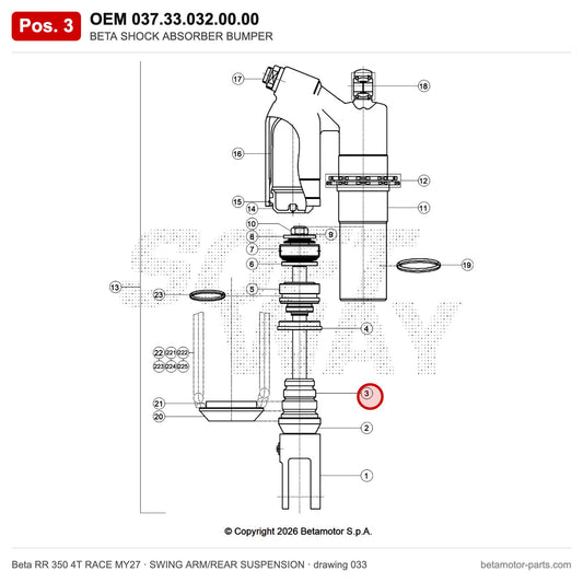 BETA SHOCK ABSORBER BUMPER – OEM 037.33.032.00.00, position 3 on the Beta RR 350 4T RACE MY27 swing arm/rear suspension drawing