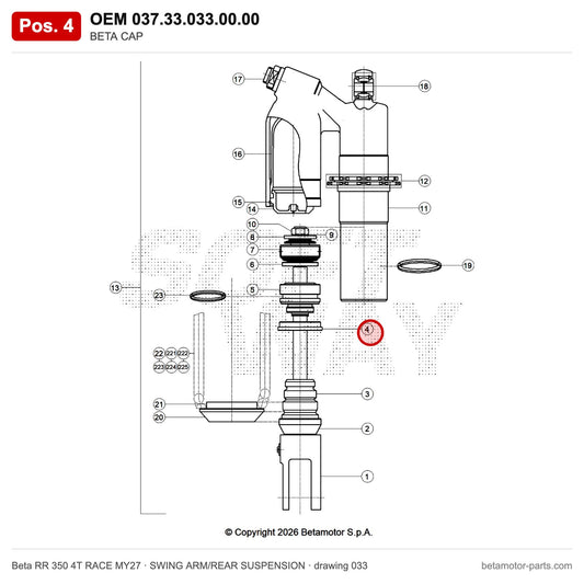 BETA CAP – OEM 037.33.033.00.00, position 4 on the Beta RR 350 4T RACE MY27 swing arm/rear suspension drawing