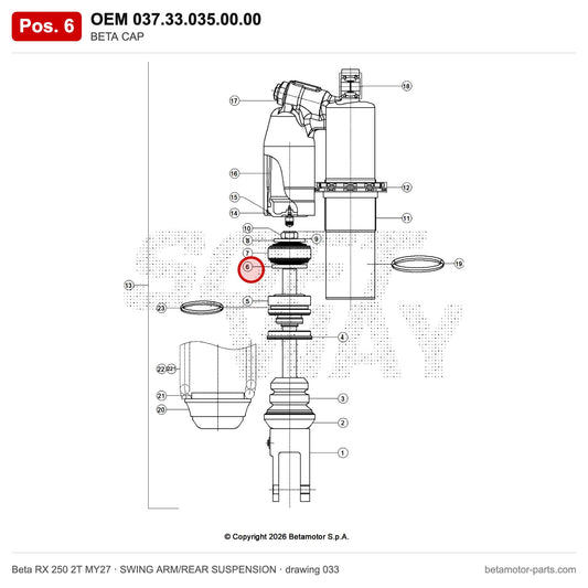 BETA CAP – OEM 037.33.035.00.00, position 6 on the Beta RX 250 2T MY27 swing arm/rear suspension drawing