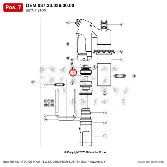 BETA PISTON – OEM 037.33.036.00.00, position 7 on the Beta RR 350 4T RACE MY27 swing arm/rear suspension drawing