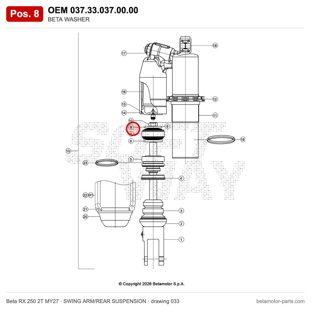BETA WASHER – OEM 037.33.037.00.00, position 8 on the Beta RX 250 2T MY27 swing arm/rear suspension drawing