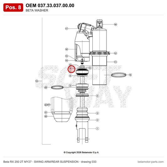 BETA WASHER – OEM 037.33.037.00.00, position 8 on the Beta RX 250 2T MY27 swing arm/rear suspension drawing