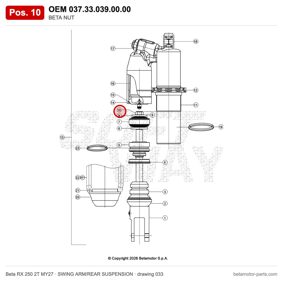BETA NUT – OEM 037.33.039.00.00, position 10 on the Beta RX 250 2T MY27 swing arm/rear suspension drawing