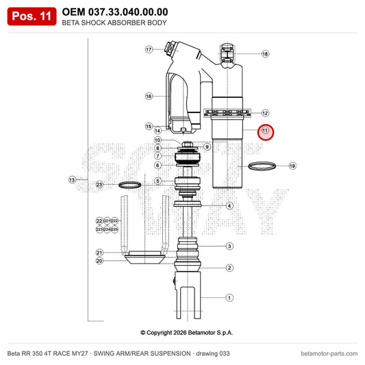 BETA SHOCK ABSORBER BODY – OEM 037.33.040.00.00, position 11 on the Beta RR 350 4T RACE MY27 swing arm/rear suspension drawing