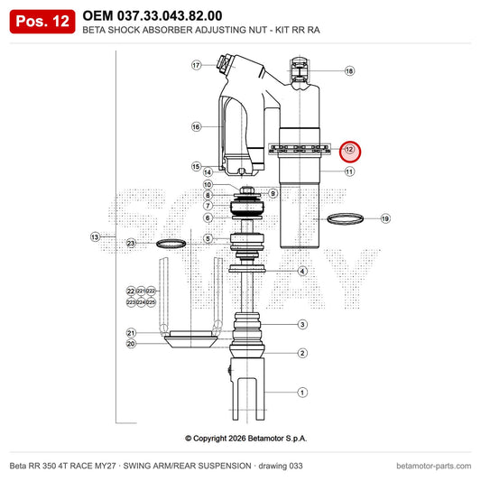 BETA SHOCK ABSORBER ADJUSTING NUT - KIT RR RA – OEM 037.33.043.82.00, position 12 on the Beta RR 350 4T RACE MY27 swing arm/rear suspension drawing