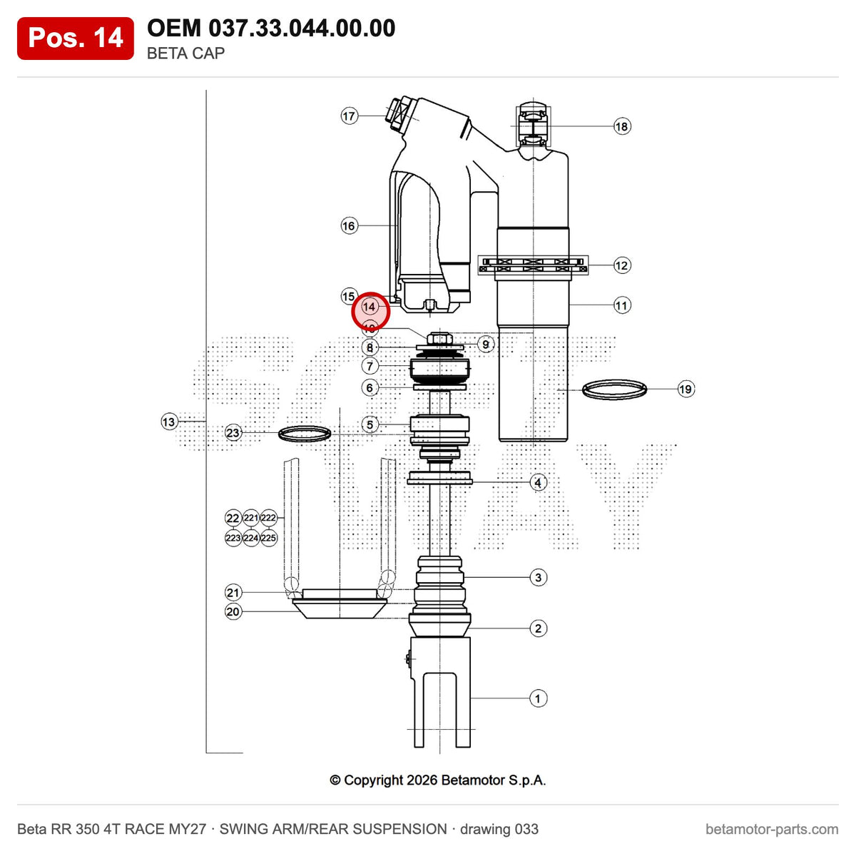BETA CAP – OEM 037.33.044.00.00, position 14 on the Beta RR 350 4T RACE MY27 swing arm/rear suspension drawing