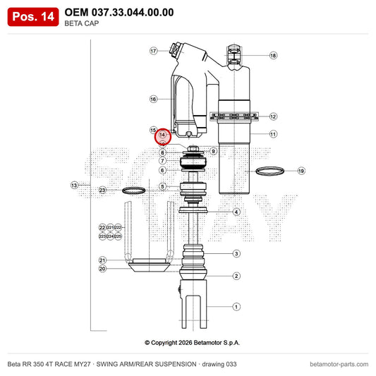 BETA CAP – OEM 037.33.044.00.00, position 14 on the Beta RR 350 4T RACE MY27 swing arm/rear suspension drawing