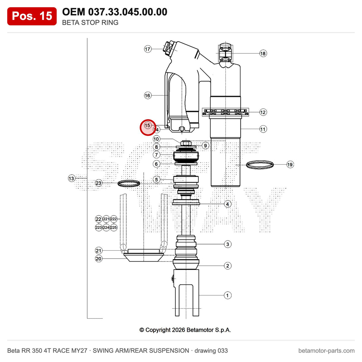 BETA STOP RING – OEM 037.33.045.00.00, position 15 on the Beta RR 350 4T RACE MY27 swing arm/rear suspension drawing