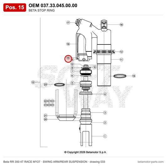 BETA STOP RING – OEM 037.33.045.00.00, position 15 on the Beta RR 350 4T RACE MY27 swing arm/rear suspension drawing