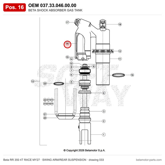 BETA SHOCK ABSORBER GAS TANK – OEM 037.33.046.00.00, position 16 on the Beta RR 350 4T RACE MY27 swing arm/rear suspension drawing