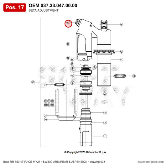 BETA ADJUSTMENT – OEM 037.33.047.00.00, position 17 on the Beta RR 350 4T RACE MY27 swing arm/rear suspension drawing