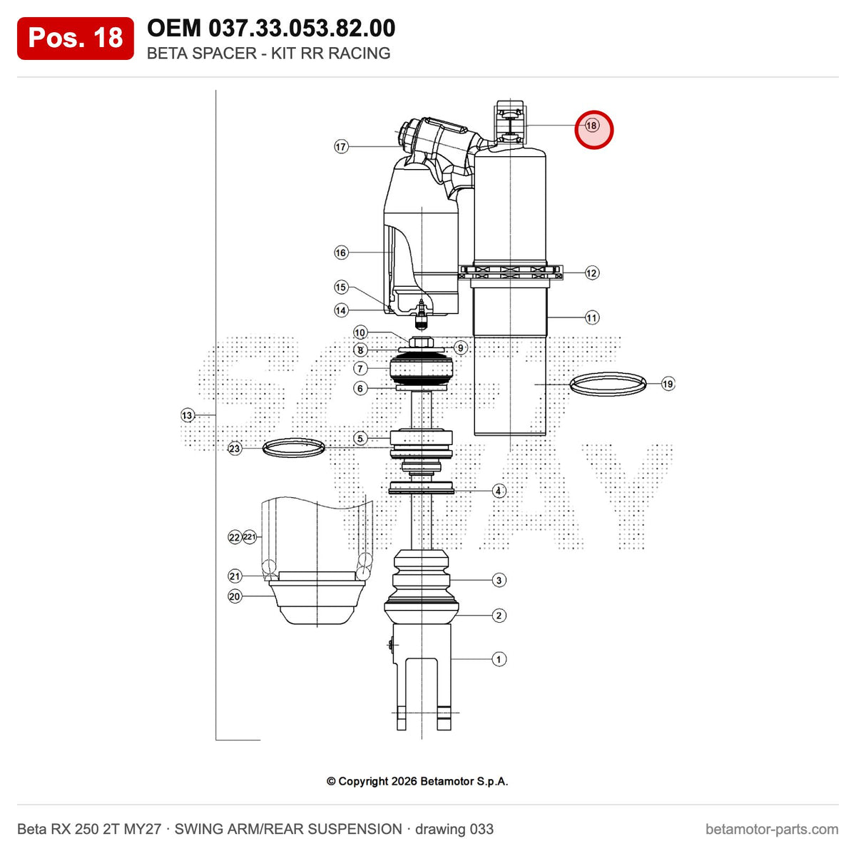 BETA SPACER - KIT RR RACING – OEM 037.33.053.82.00, position 18 on the Beta RX 250 2T MY27 swing arm/rear suspension drawing