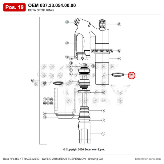 BETA STOP RING – OEM 037.33.054.00.00, position 19 on the Beta RR 350 4T RACE MY27 swing arm/rear suspension drawing