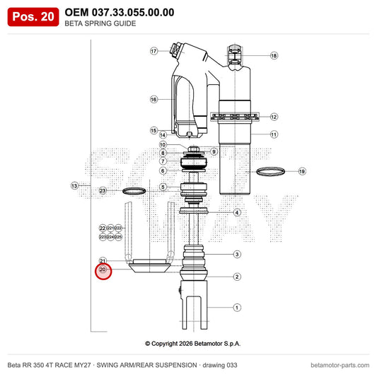BETA SPRING GUIDE – OEM 037.33.055.00.00, position 20 on the Beta RR 350 4T RACE MY27 swing arm/rear suspension drawing