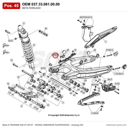 BETA FAIRLEAD – OEM 037.33.061.00.00, position 45 on the Beta X-TRAINER 200 2T MY27 swing arm/rear suspension drawing