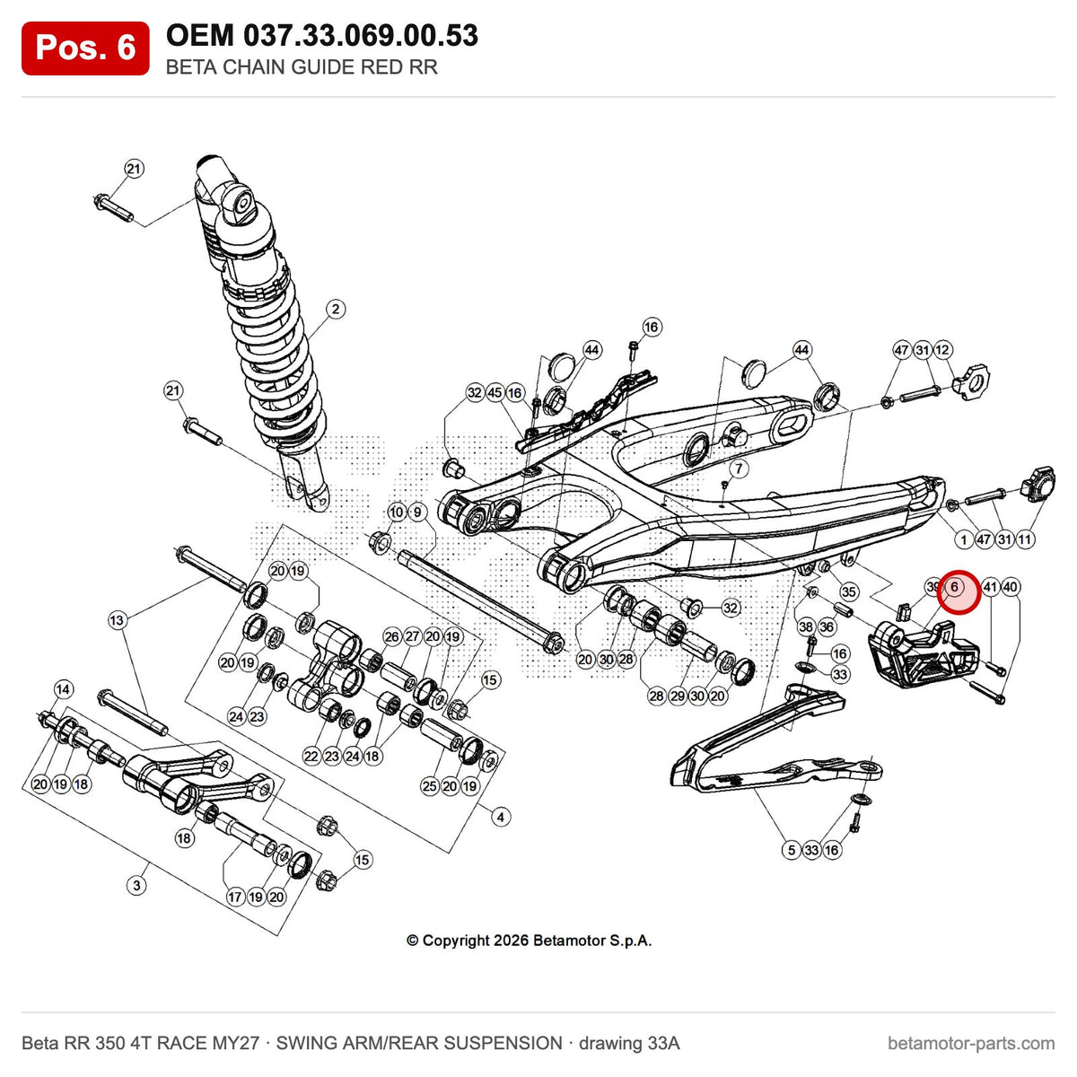 BETA CHAIN GUIDE RED RR – OEM 037.33.069.00.53, position 6 on the Beta RR 350 4T RACE MY27 swing arm/rear suspension drawing