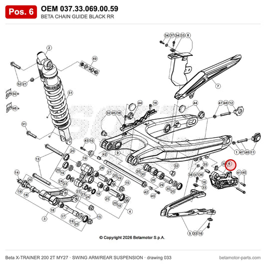 BETA CHAIN GUIDE BLACK RR – OEM 037.33.069.00.59, position 6 on the Beta X-TRAINER 200 2T MY27 swing arm/rear suspension drawing