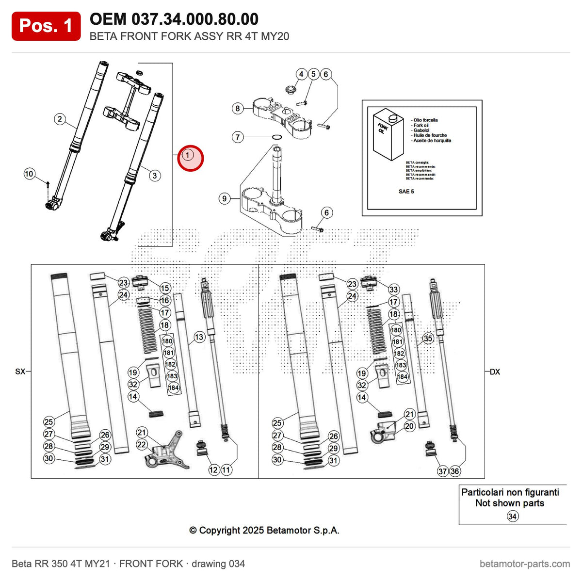 BETA FRONT FORK ASSY RR 4T MY20 – OEM 037.34.000.80.00, position 1 on the Beta RR 350 4T MY21 front fork drawing