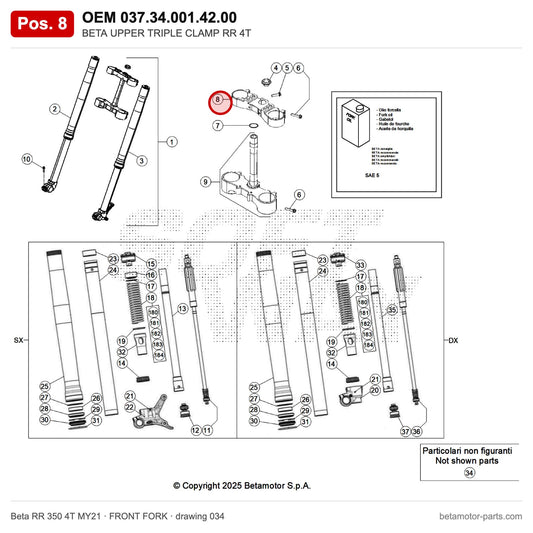 BETA UPPER TRIPLE CLAMP RR 4T – OEM 037.34.001.42.00, position 8 on the Beta RR 350 4T MY21 front fork drawing