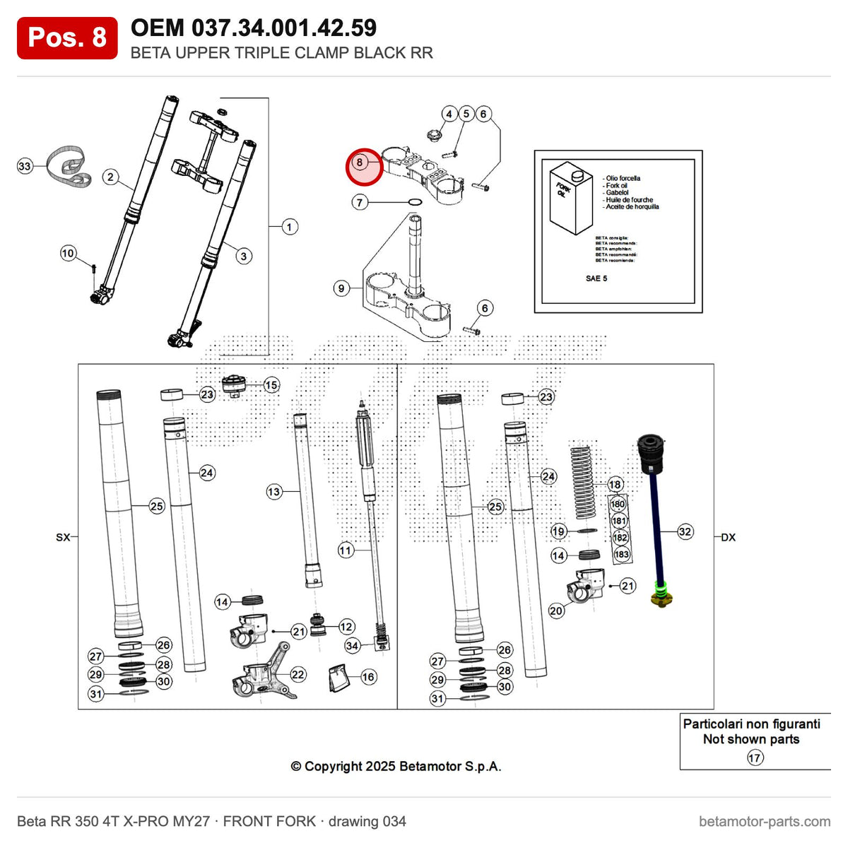 BETA UPPER TRIPLE CLAMP BLACK RR – OEM 037.34.001.42.59, position 8 on the Beta RR 350 4T X-PRO MY27 front fork drawing