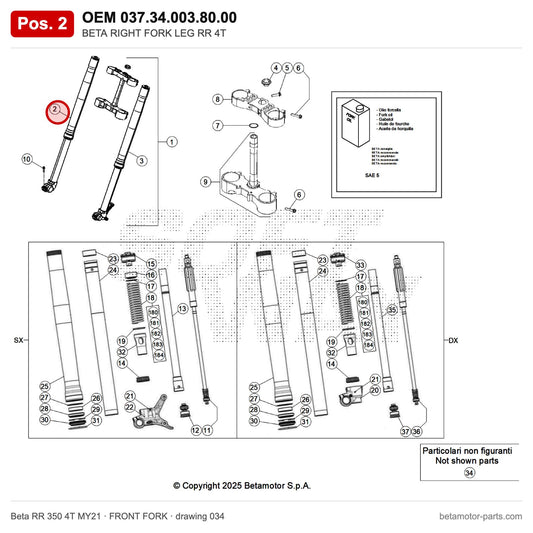 BETA RIGHT FORK LEG RR 4T – OEM 037.34.003.80.00, position 2 on the Beta RR 350 4T MY21 front fork drawing