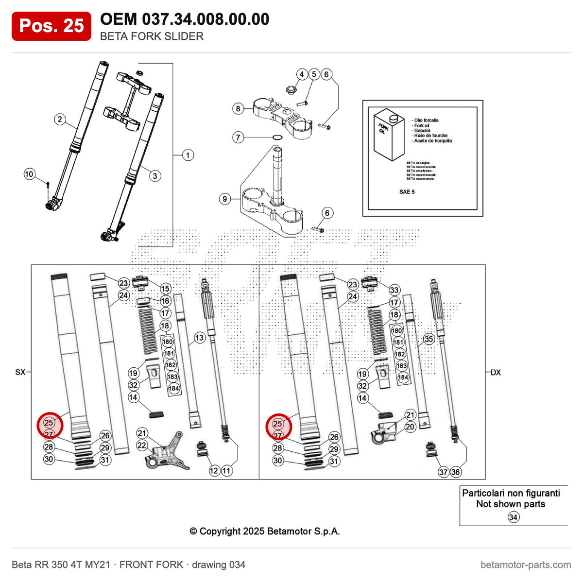 BETA FORK SLIDER – OEM 037.34.008.00.00, position 25 on the Beta RR 350 4T MY21 front fork drawing