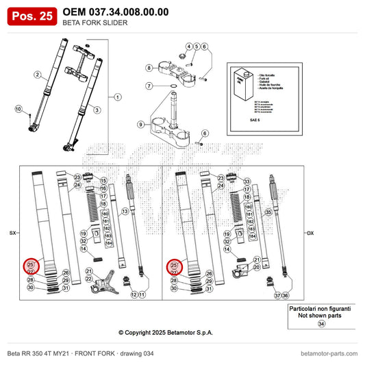 BETA FORK SLIDER – OEM 037.34.008.00.00, position 25 on the Beta RR 350 4T MY21 front fork drawing