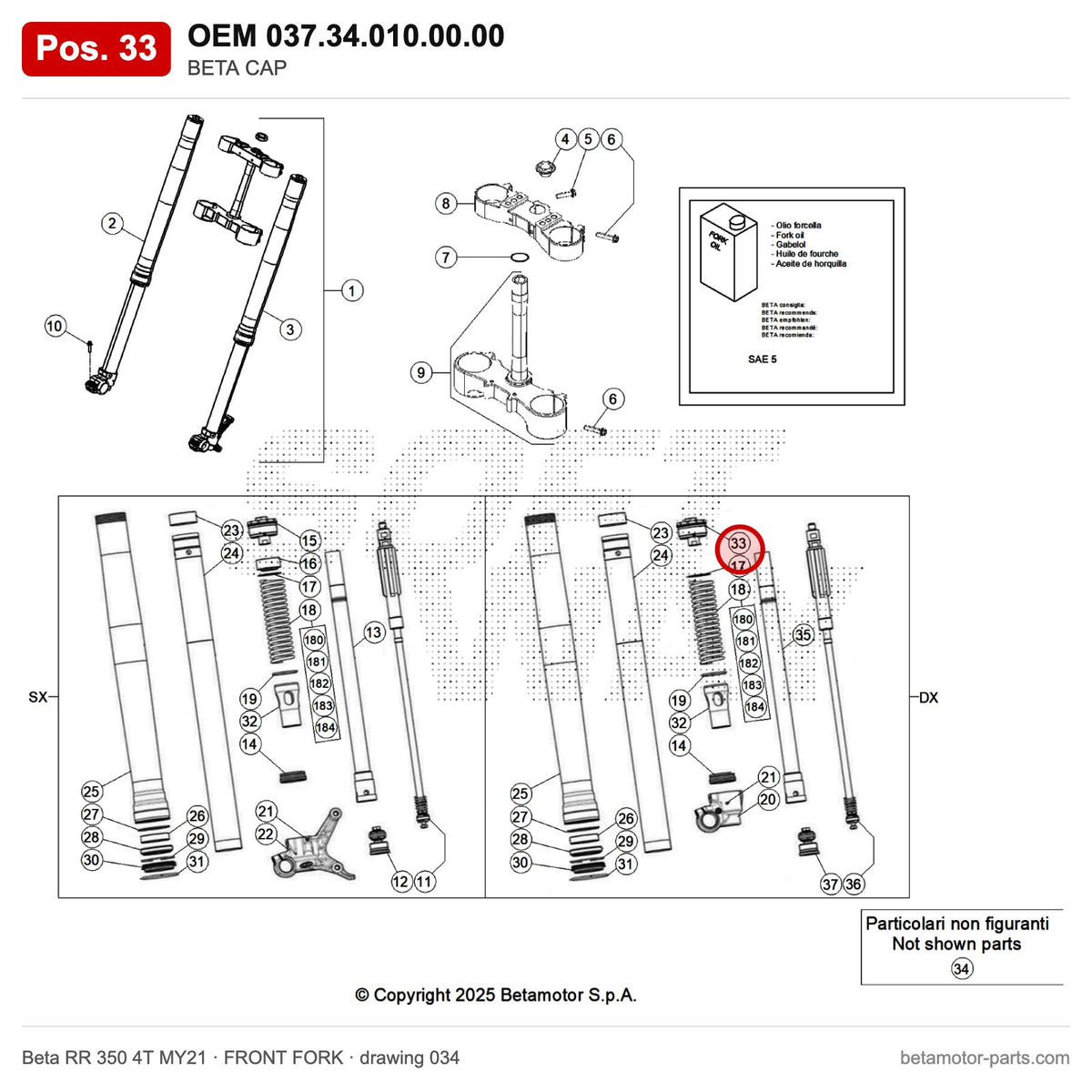 BETA CAP – OEM 037.34.010.00.00, position 33 on the Beta RR 350 4T MY21 front fork drawing