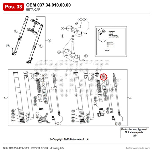 BETA CAP – OEM 037.34.010.00.00, position 33 on the Beta RR 350 4T MY21 front fork drawing