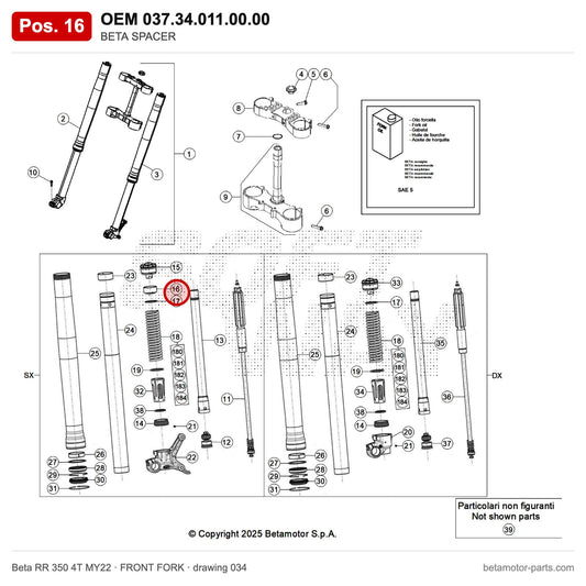 BETA SPACER – OEM 037.34.011.00.00, position 16 on the Beta RR 350 4T MY22 front fork drawing