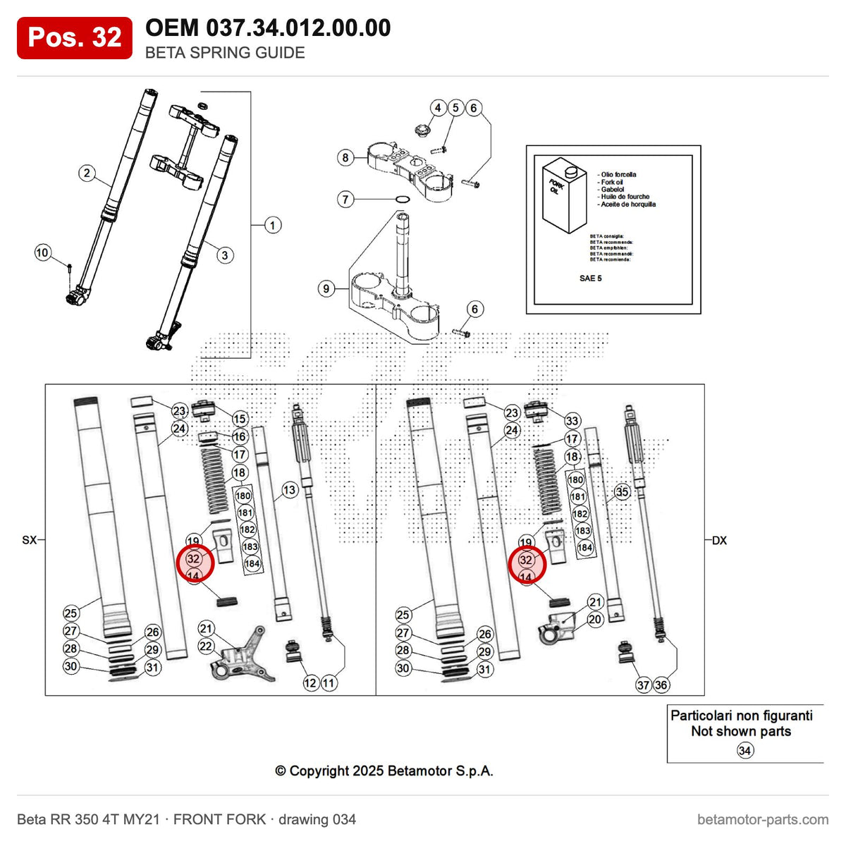 BETA SPRING GUIDE – OEM 037.34.012.00.00, position 32 on the Beta RR 350 4T MY21 front fork drawing