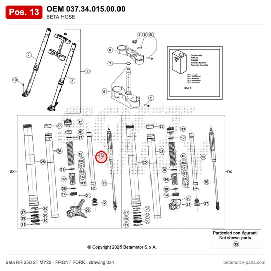 BETA HOSE – OEM 037.34.015.00.00, position 13 on the Beta RR 250 2T MY22 front fork drawing