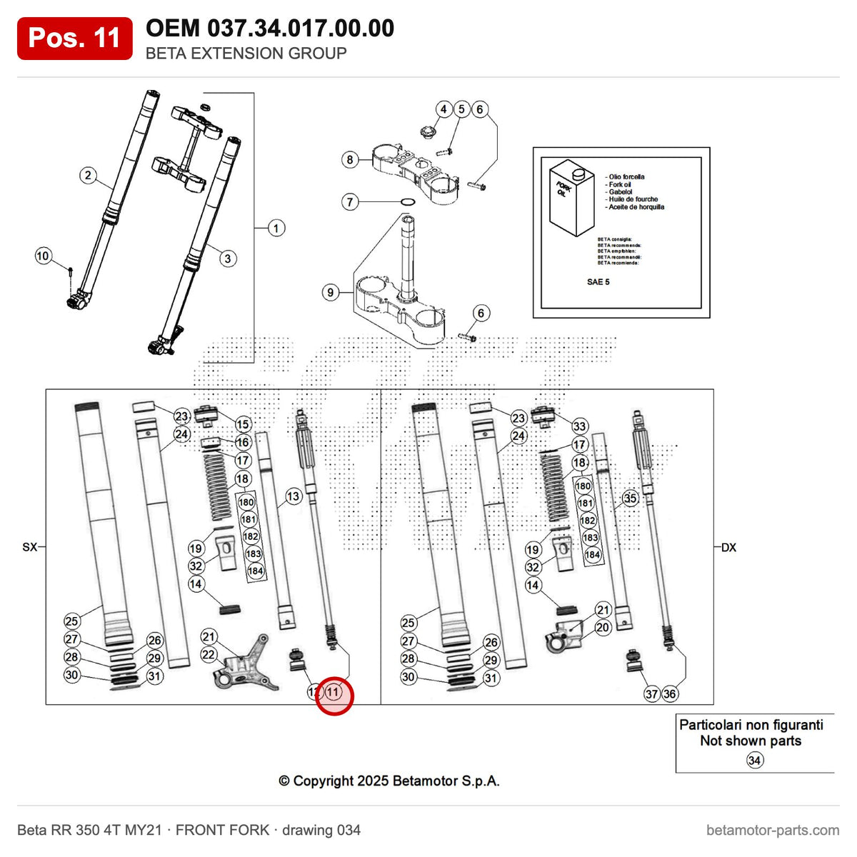 BETA EXTENSION GROUP – OEM 037.34.017.00.00, position 11 on the Beta RR 350 4T MY21 front fork drawing