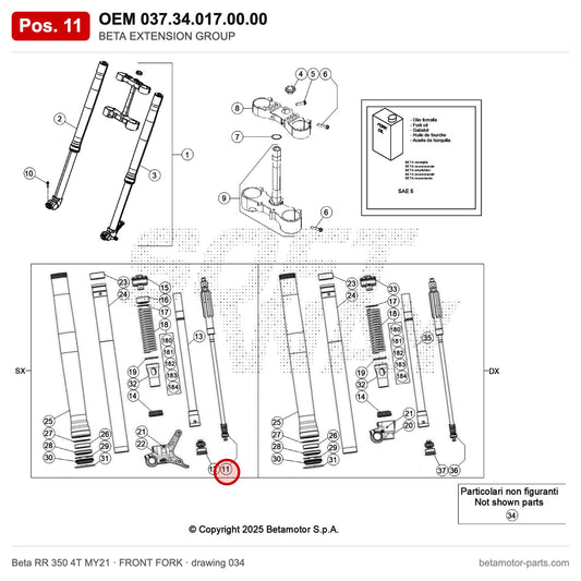 BETA EXTENSION GROUP – OEM 037.34.017.00.00, position 11 on the Beta RR 350 4T MY21 front fork drawing