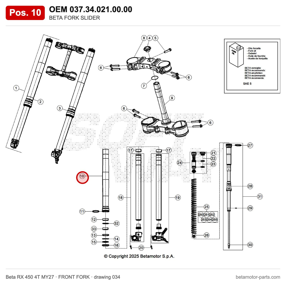 BETA FORK SLIDER – OEM 037.34.021.00.00, position 10 on the Beta RX 450 4T MY27 front fork drawing