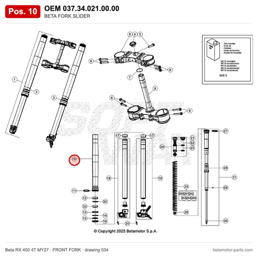 BETA FORK SLIDER – OEM 037.34.021.00.00, position 10 on the Beta RX 450 4T MY27 front fork drawing