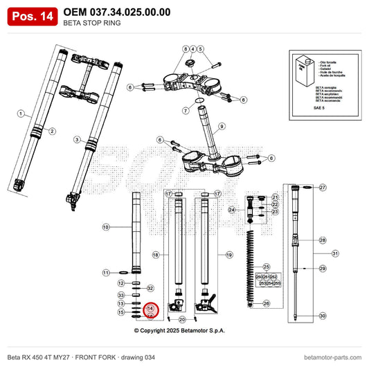 BETA STOP RING – OEM 037.34.025.00.00, position 14 on the Beta RX 450 4T MY27 front fork drawing