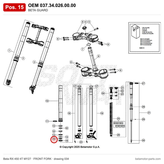 BETA GUARD – OEM 037.34.026.00.00, position 15 on the Beta RX 450 4T MY27 front fork drawing