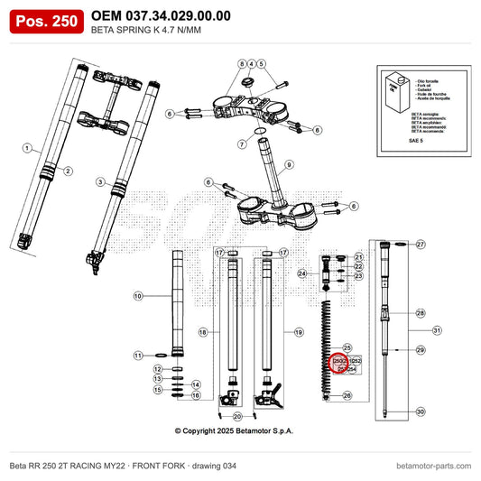 BETA SPRING K 4.7 N/MM – OEM 037.34.029.00.00, position 250 on the Beta RR 250 2T RACING MY22 front fork drawing