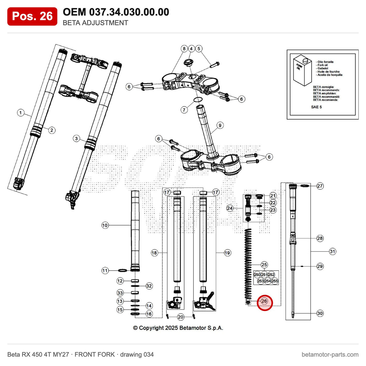 BETA ADJUSTMENT – OEM 037.34.030.00.00, position 26 on the Beta RX 450 4T MY27 front fork drawing