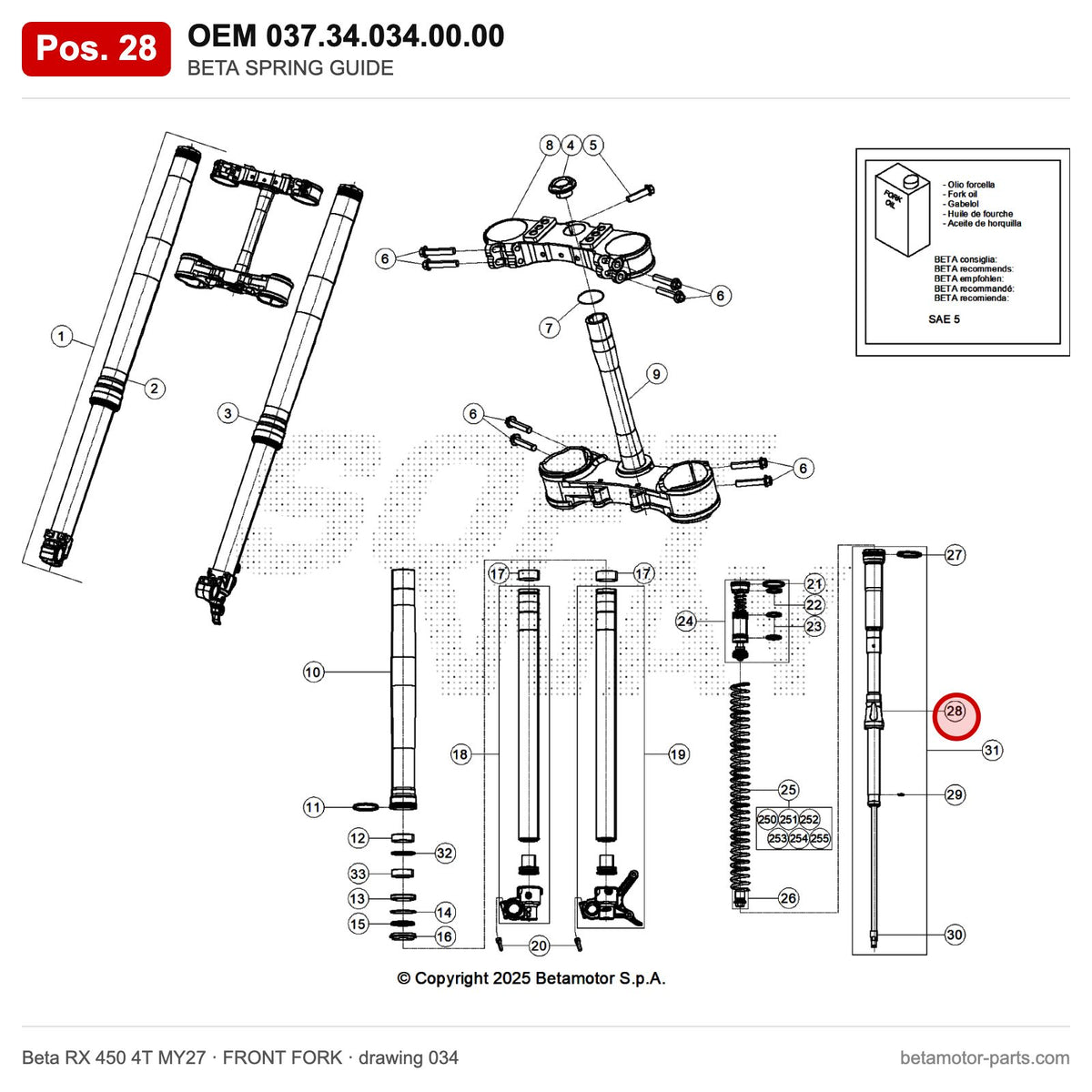 BETA SPRING GUIDE – OEM 037.34.034.00.00, position 28 on the Beta RX 450 4T MY27 front fork drawing