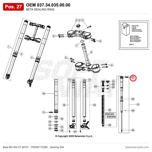 BETA SEALING RING – OEM 037.34.035.00.00, position 27 on the Beta RX 450 4T MY27 front fork drawing