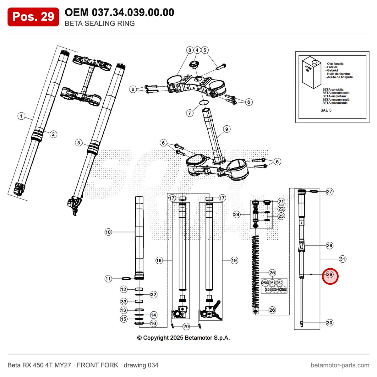 BETA SEALING RING – OEM 037.34.039.00.00, position 29 on the Beta RX 450 4T MY27 front fork drawing