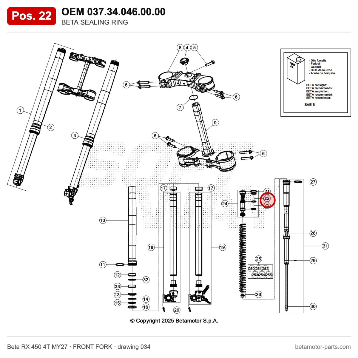 BETA SEALING RING – OEM 037.34.046.00.00, position 22 on the Beta RX 450 4T MY27 front fork drawing