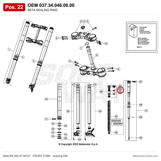 BETA SEALING RING – OEM 037.34.046.00.00, position 22 on the Beta RX 450 4T MY27 front fork drawing